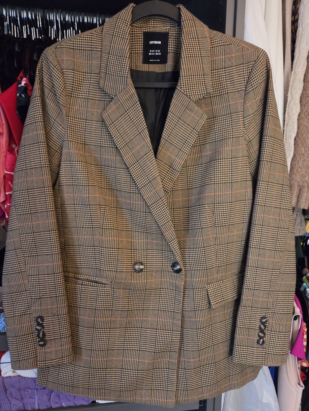 Cotton On Brown Glen Plaid Double-Breasted Blazer Size 4
